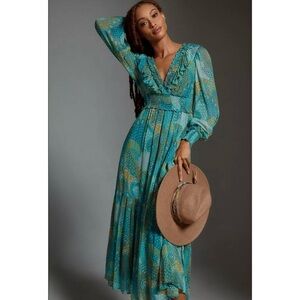 NWT Anthropologie The Odetta Ruffled V-Neck Dress XS Blue Green Floral